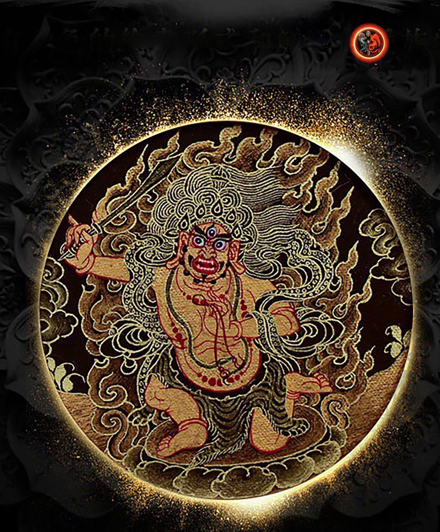 Pendentif Bouddha Acala. Amulette protection bouddhisme tibétain argent 925. thangka peint à la main roue tournante au verso, mala 108 perles - obsidian dragon
