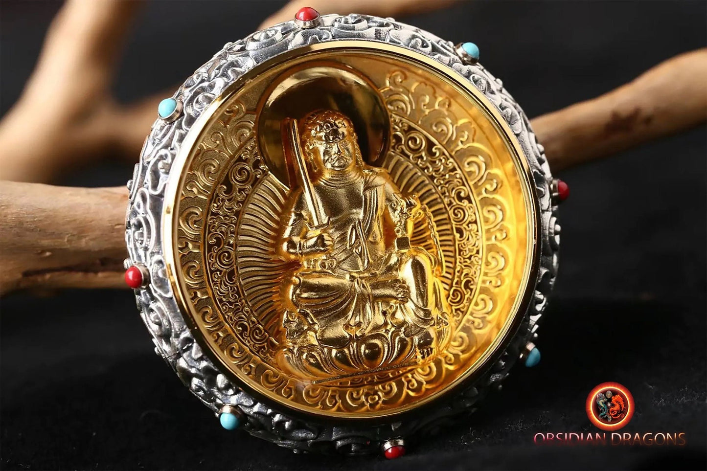 pendentif bouddha, ghau, gau amulette bouddha Acala bouddhisme vajrayana tibetain. Argent 925, plaqué or 24k, deux tailles disponibles - obsidian dragon