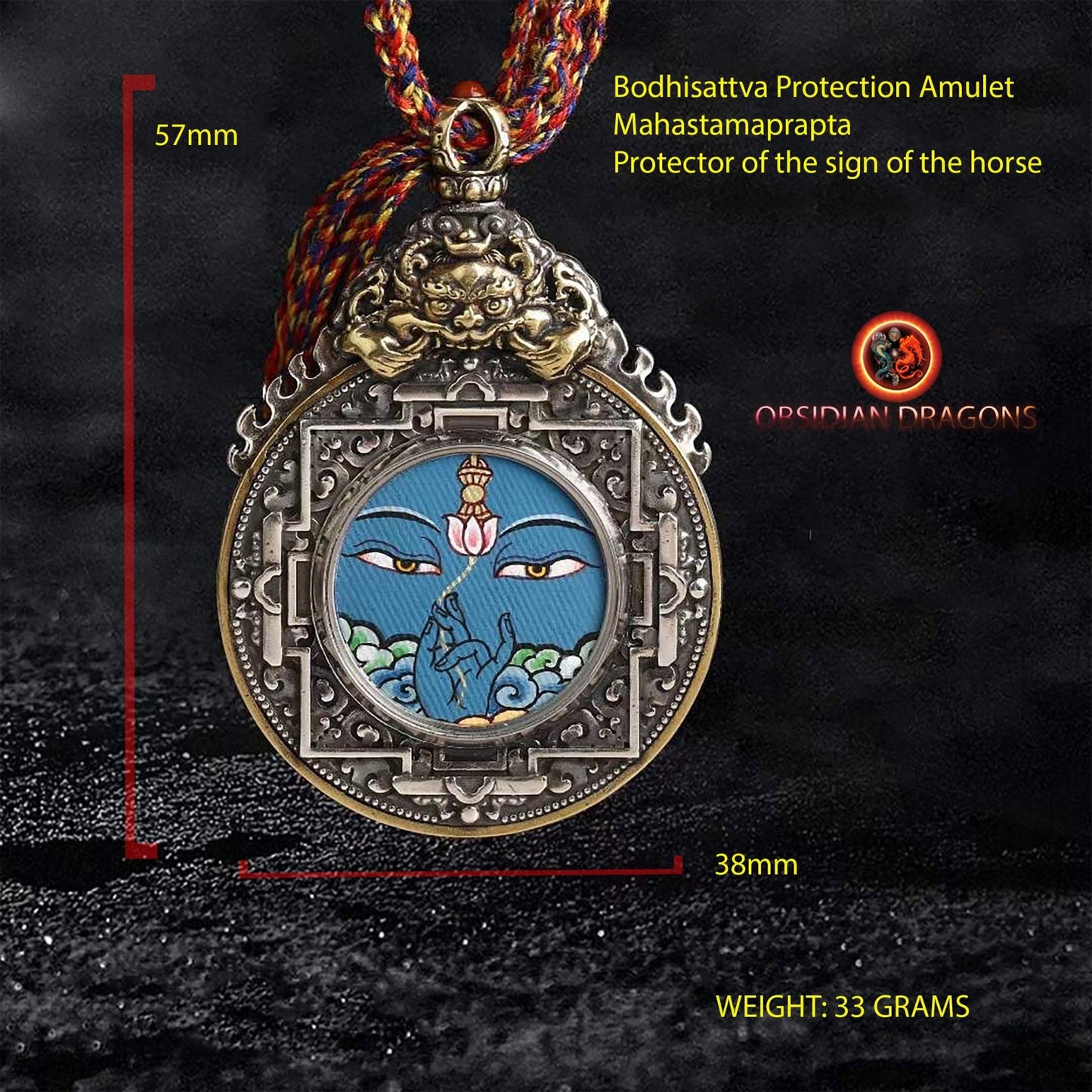 Ghau, amulette pendentif bouddhiste tibetain, bouddha protecteur en fonction de son signe zodiacal, au choix, buffle, cheval, coq ou chien - obsidian dragon