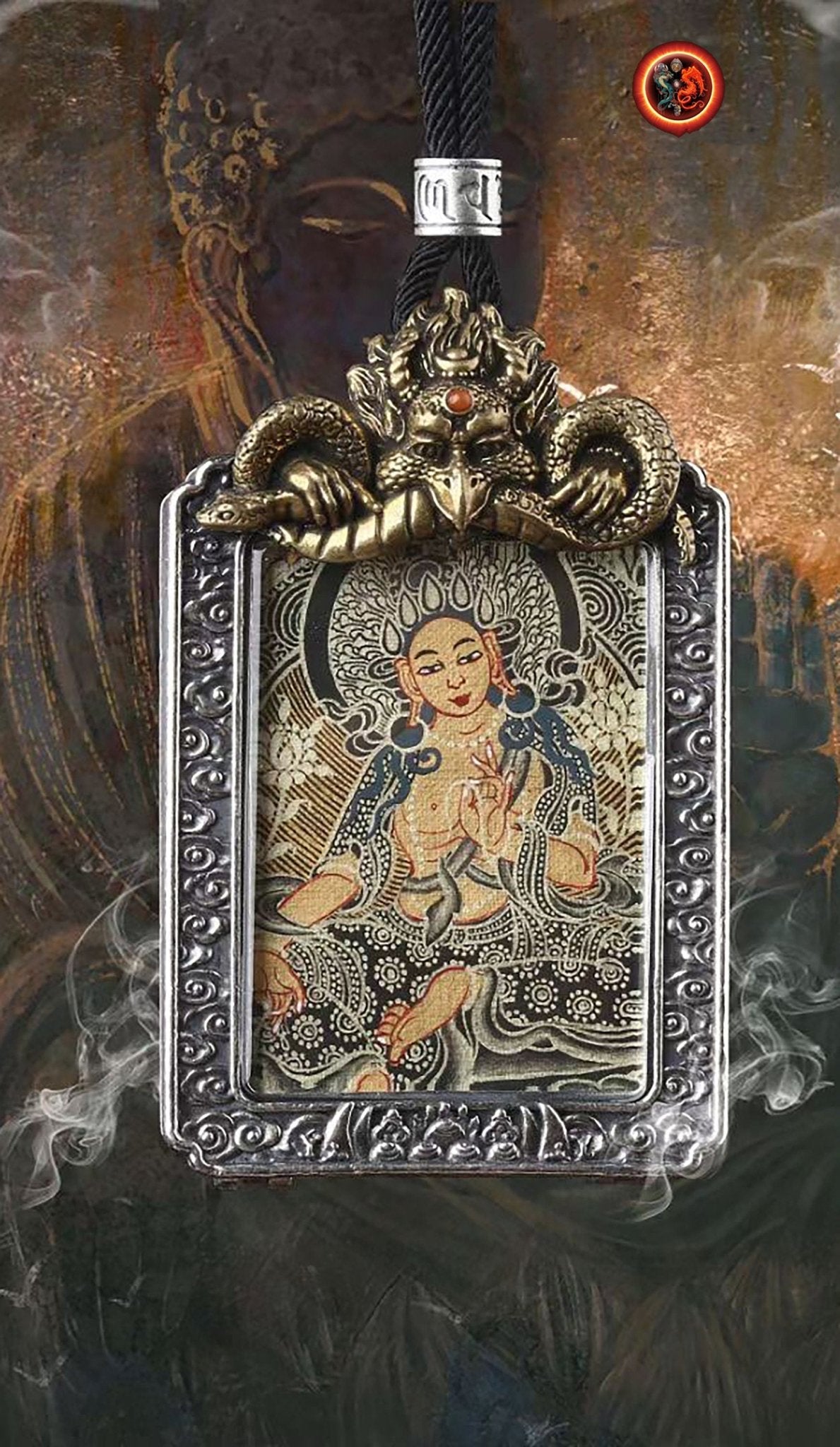Pendentif bouddha, Amulette, reliquaire protection bouddhisme tibétain Tara verte argent 925, bronze. thangka peint à la main dorje tournant au verso. - obsidian dragon