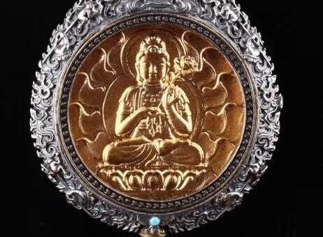reliquaire de protection bouddhiste Mahasthamaprapta en argent massif 925 plaqué or 18k turquoise. roue de la vie - obsidian dragon