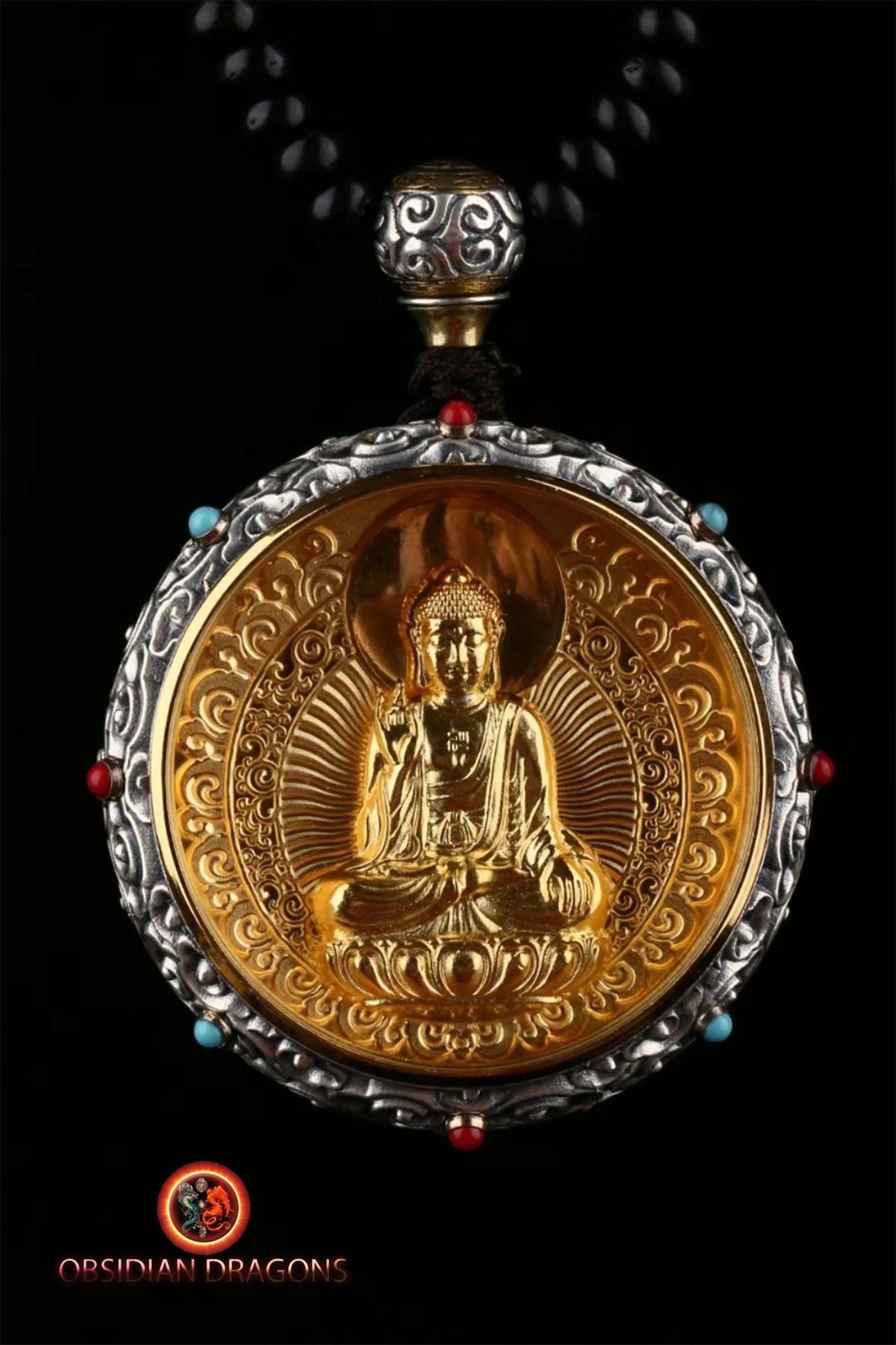 ghau, gau amulette bouddha Vairocana bouddhisme vajrayana tibetain. Argent 925, plaqué or 24K, deux tailles disponibles - obsidian dragon