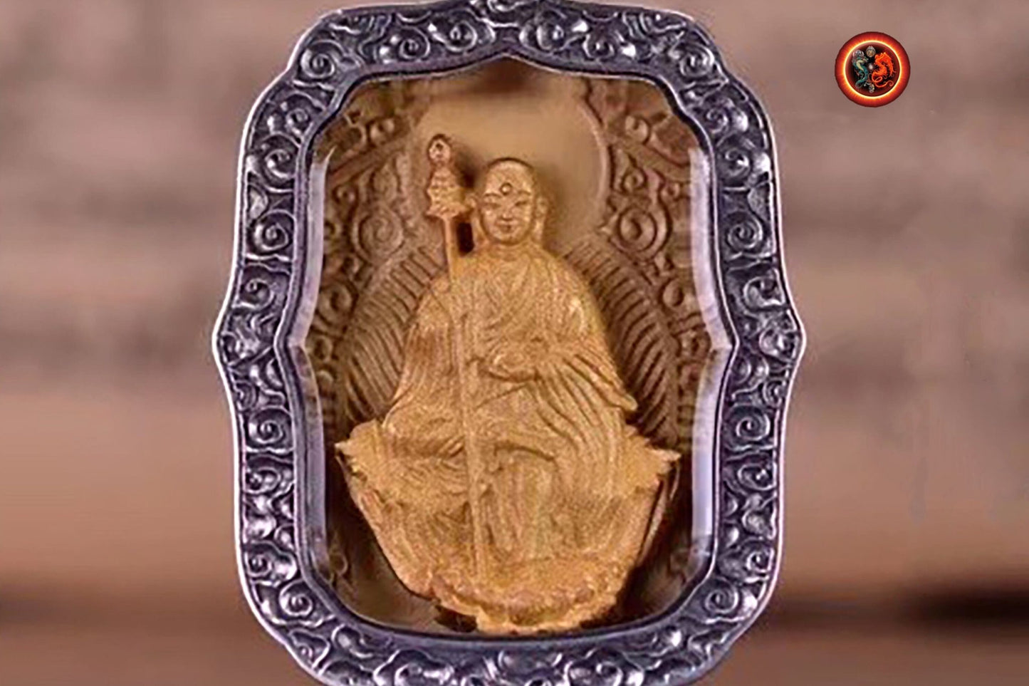 pendentif amulette de protection bouddhiste Bouddha Dizang/ Jizo mala de prière et méditation 108 perles, argent 925 or 18K bélière Garuda - obsidian dragon