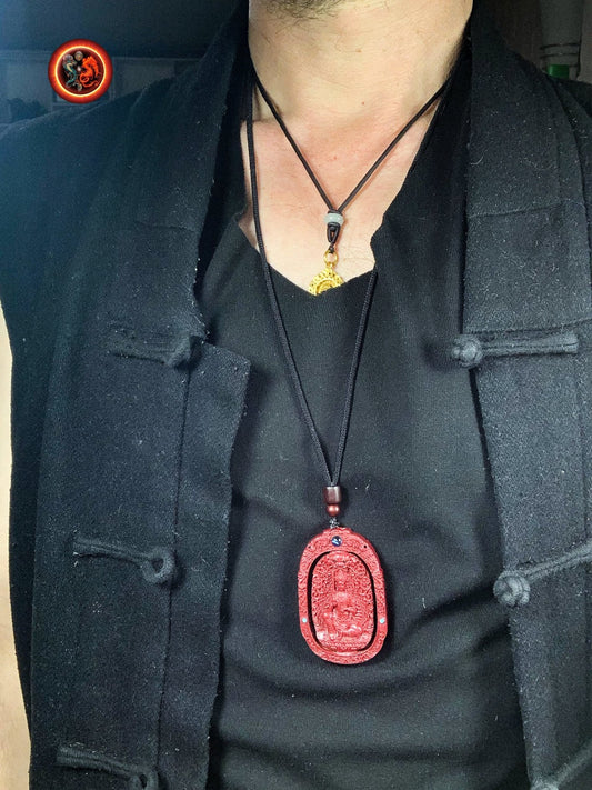 Pendentif, amulette bouddhiste tibétaine, bouddha. Manjushri. Cinabre. sutra du coeur en nanoscript. Protection bouddhiste. Avec cordon - obsidian dragon