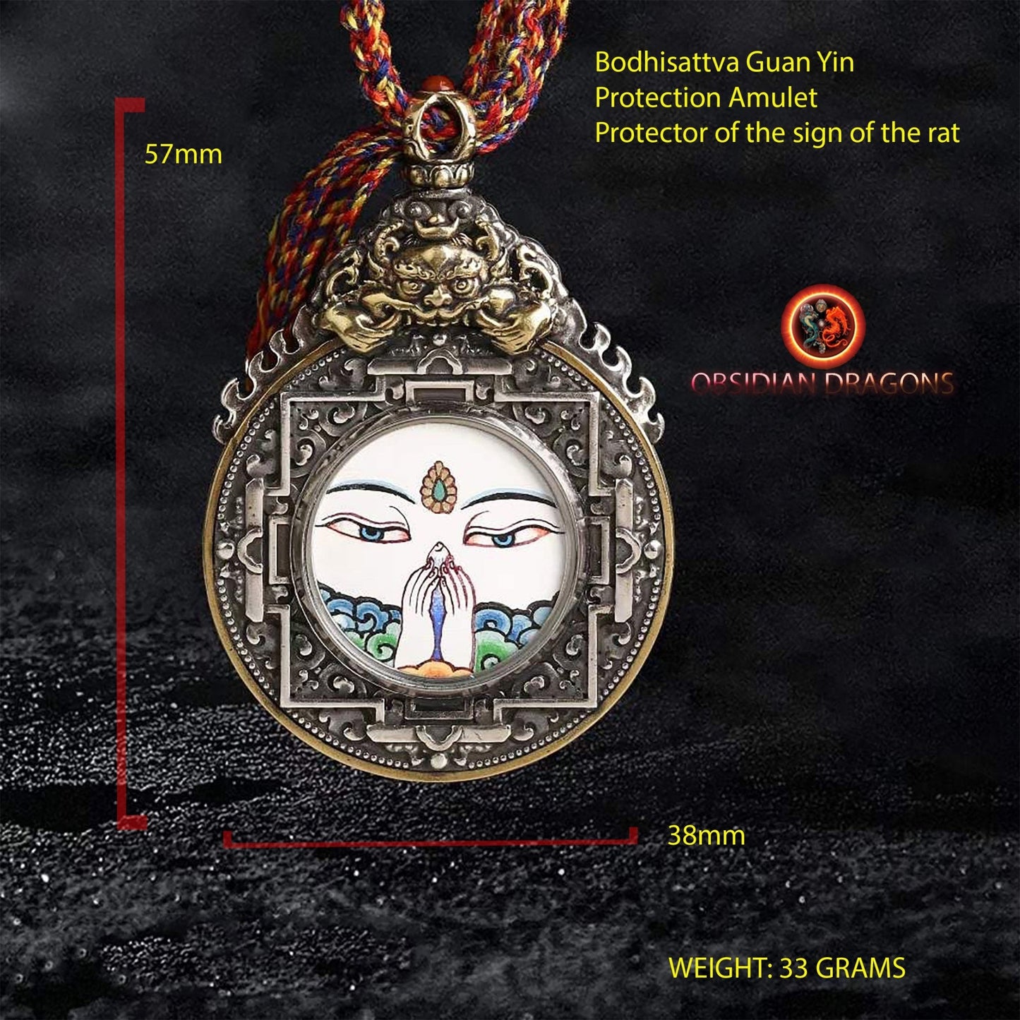 Ghau, amulette pendentif bouddhiste tibetain, bouddha protecteur en fonction de son signe zodiacal, au choix, lievre, rat, buffle ou coq - obsidian dragon