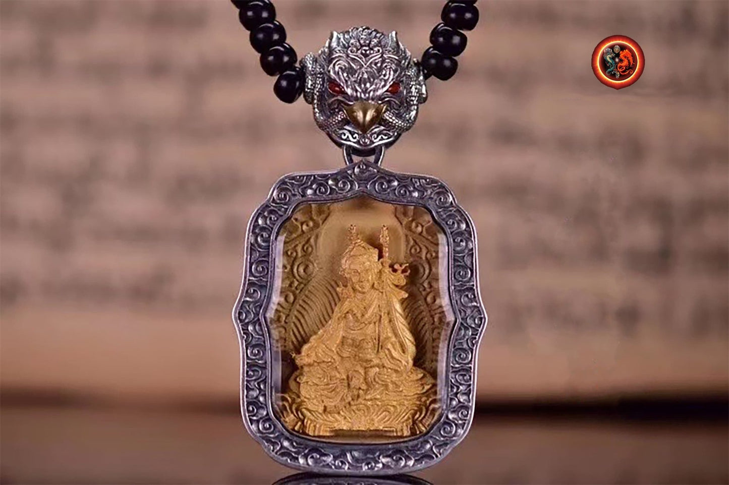 pendentif amulette de protection bouddhiste Guru Rinpoche mala de prière et méditation 108 perles, argent 925 or 18K bélière Garuda - obsidian dragon