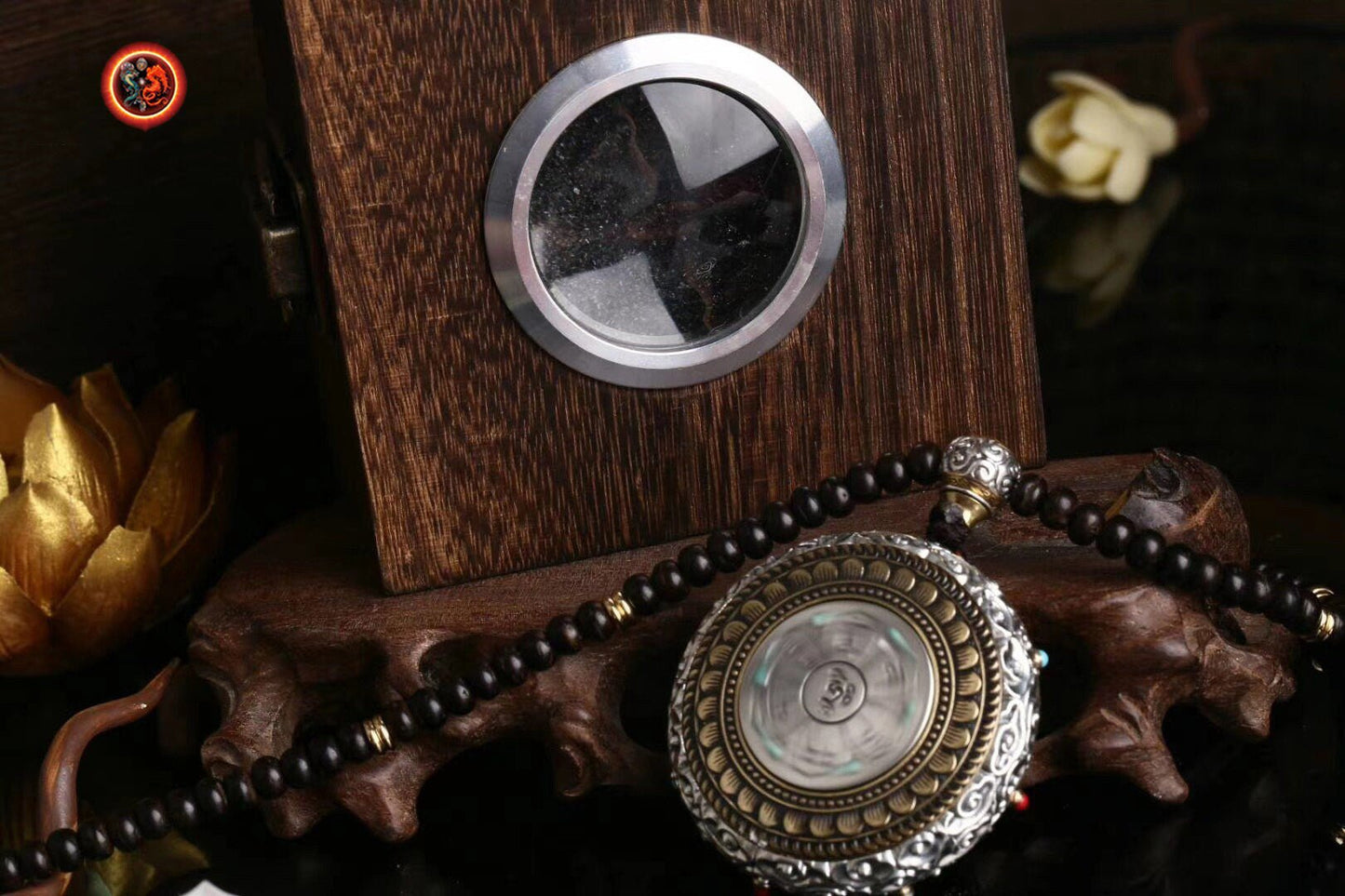 Pendentif Bouddha Vairocana .Amulette de protection bouddhiste tibétain avec tangka argent massif 925 - obsidian dragon