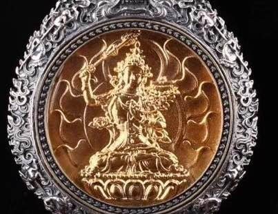 reliquaire de protection bouddhiste Manjushri en argent massif 925 plaqué or 18k turquoise. roue de la vie - obsidian dragon