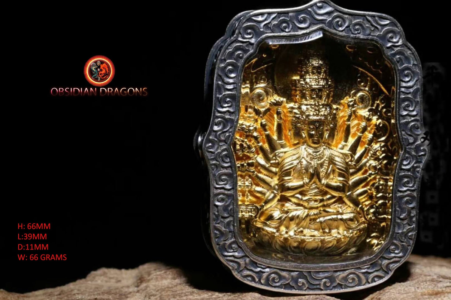 Pendentif bouddha Chenrezig/ Guan Yin, amulette de protection du bouddhisme vajrayana esoterique tibétain. représentation de Garuda sur la beliere. - obsidian dragon