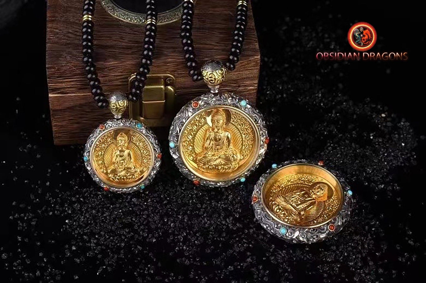 pendentif bouddha, ghau, gau amulette bouddha Amitabha bouddhisme vajrayana tibetain. Argent 925, plaqué or 24k, deux tailles disponibles - obsidian dragon