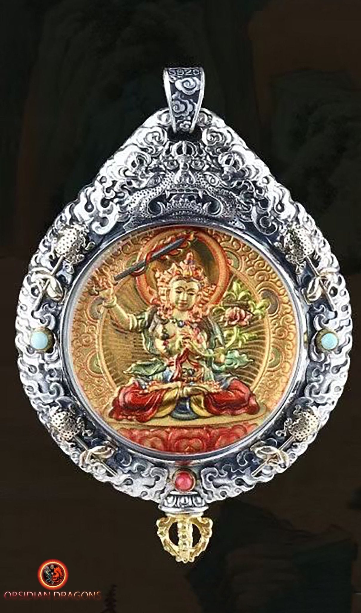 pendentif bouddha. protection de Manjushri bodhisattva. Authentique ghau avec tangka peint sur or. Amulette bouddhiste vajrayana - obsidian dragon