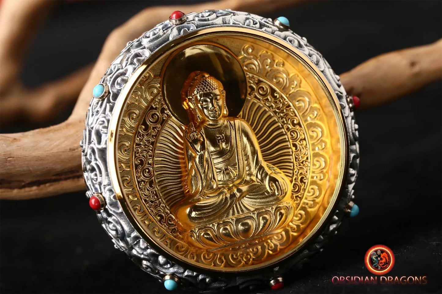 ghau, gau amulette bouddha Vairocana bouddhisme vajrayana tibetain. Argent 925, plaqué or 24K, deux tailles disponibles - obsidian dragon