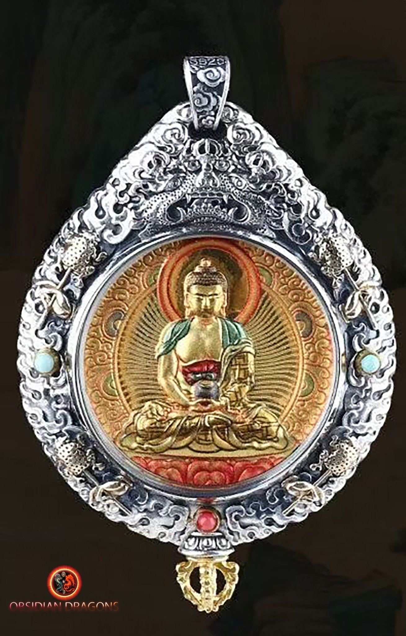 pendentif bouddha. protection d' Amitabha. Authentique ghau avec tangka peint sur or. Amulette bouddhiste vajrayana - obsidian dragon