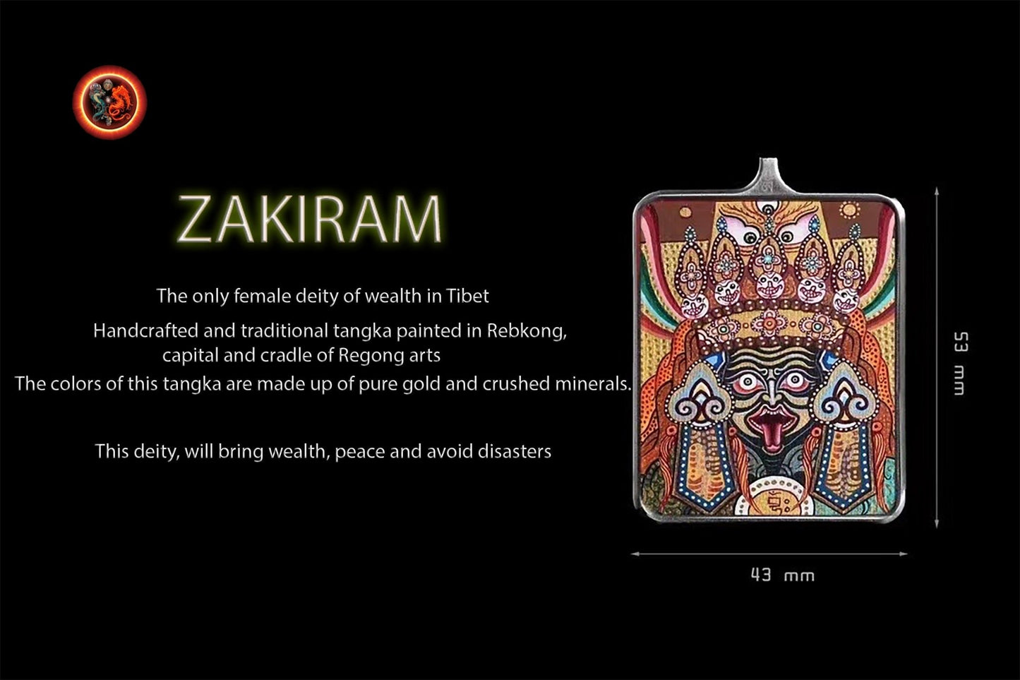 Pendentif, amulette bouddhiste tibétaine, Authentique tangka artisanal et traditionnel. Déesse Zakiram. Richesse et bonne fortune Argent 925 - obsidian dragon