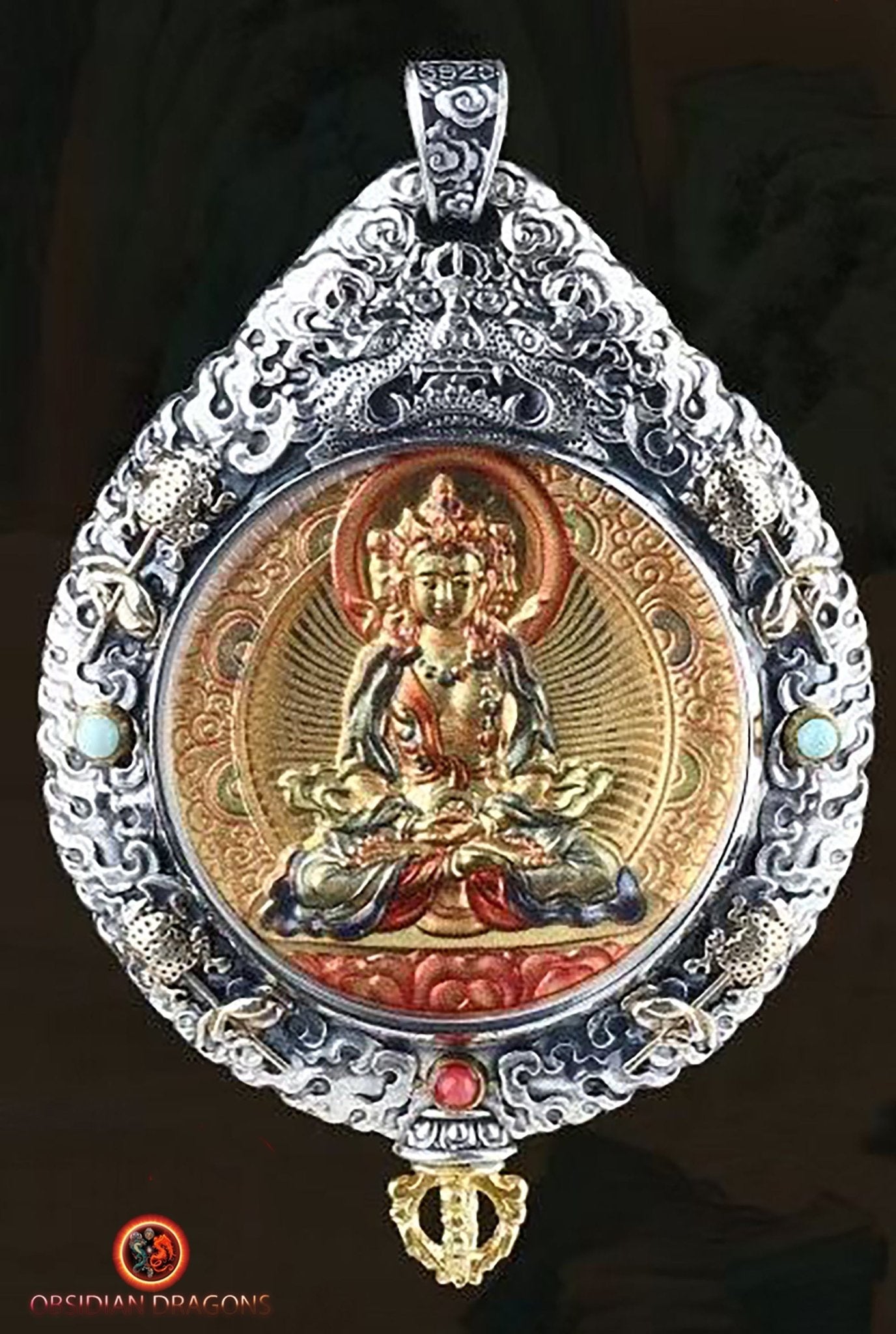 pendentif bouddha. protection de Vairocana. Authentique ghau avec tangka peint sur or. Amulette bouddhiste vajrayana - obsidian dragon