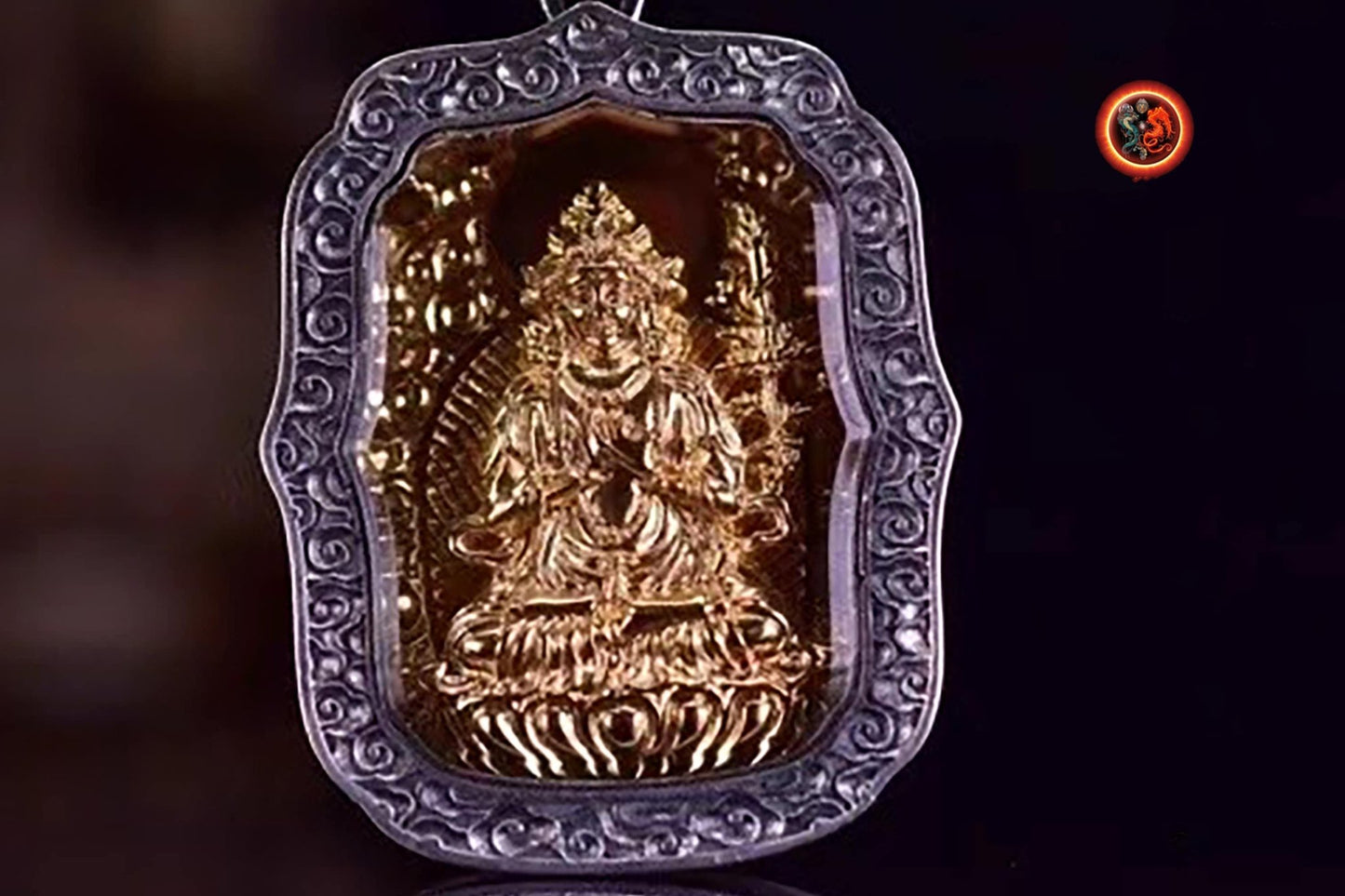 pendentif amulette de protection bouddhiste Mahasthamaprapta mala de prière et méditation 108 perles, argent 925 or 18K bélière Garuda - obsidian dragon