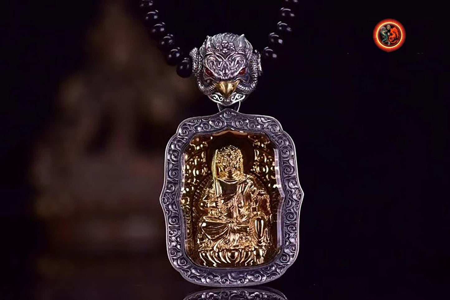 pendentif amulette de protection bouddhiste Bouddha Acala mala de prière et méditation 108 perles, argent 925 or 18K bélière Garuda - obsidian dragon