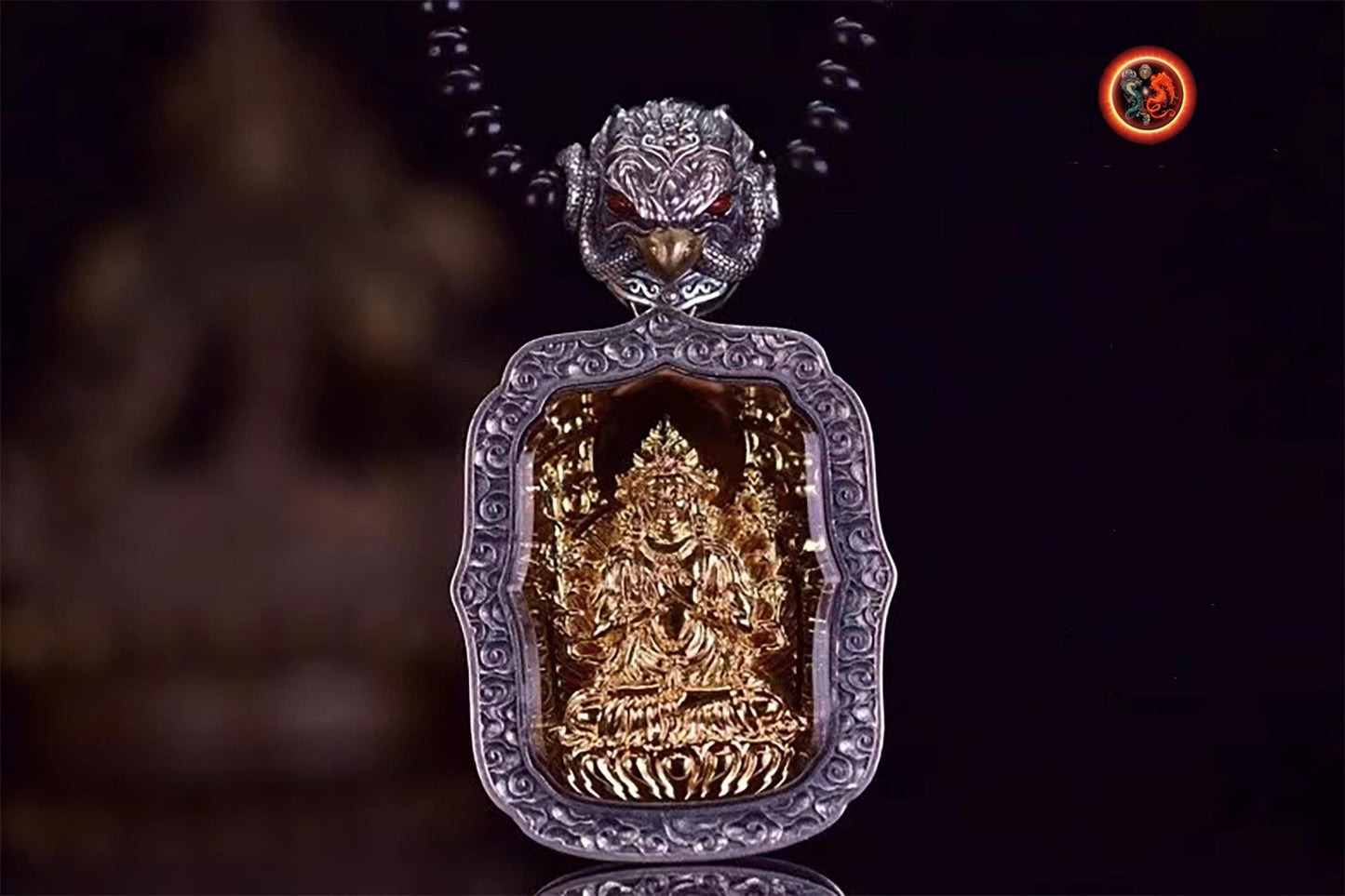 pendentif amulette de protection bouddhiste Bouddha Akashagarbha mala de prière et méditation 108 perles, argent 925 or 18K bélière Garuda - obsidian dragon