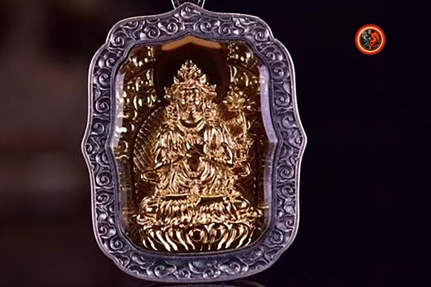pendentif amulette de protection bouddhiste Bouddha Samantabhadra mala de prière et méditation 108 perles, argent 925 or 18K bélière Garuda - obsidian dragon