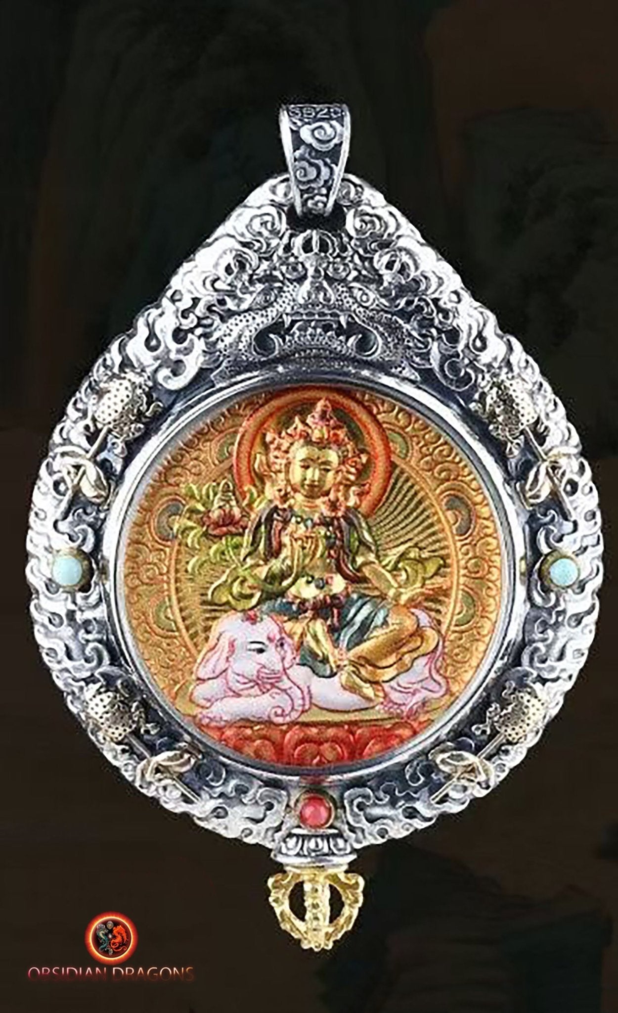 pendentif bouddha. protection de Samantabhadra bodhisattva. Authentique ghau avec tangka peint sur or. Amulette bouddhiste vajrayana - obsidian dragon