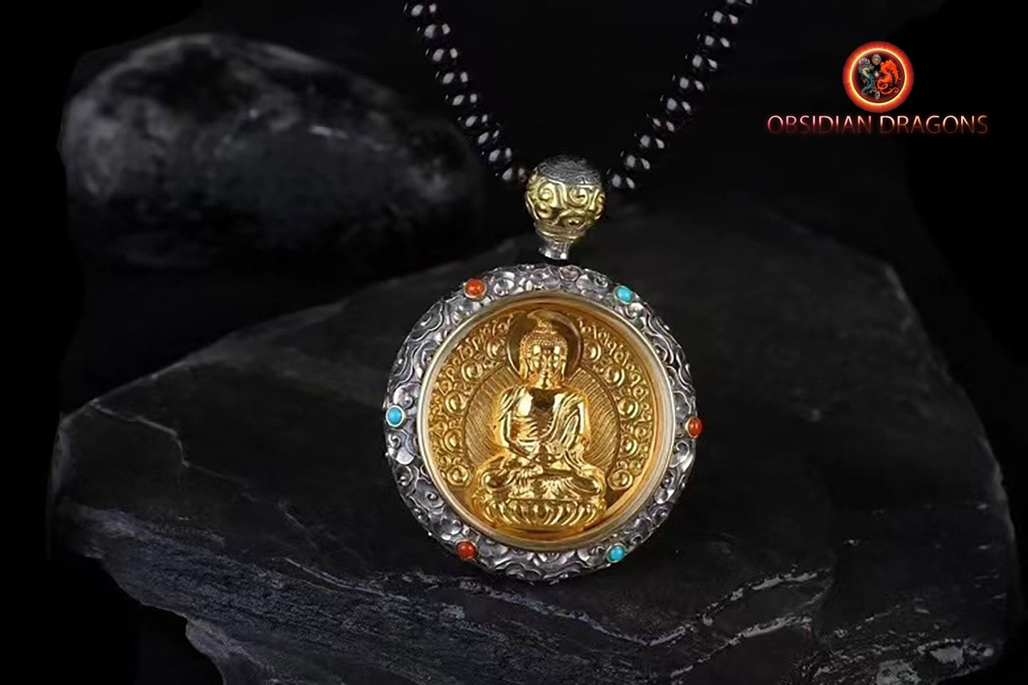 pendentif bouddha, ghau, gau amulette bouddha Amitabha bouddhisme vajrayana tibetain. Argent 925, plaqué or 24k, deux tailles disponibles - obsidian dragon
