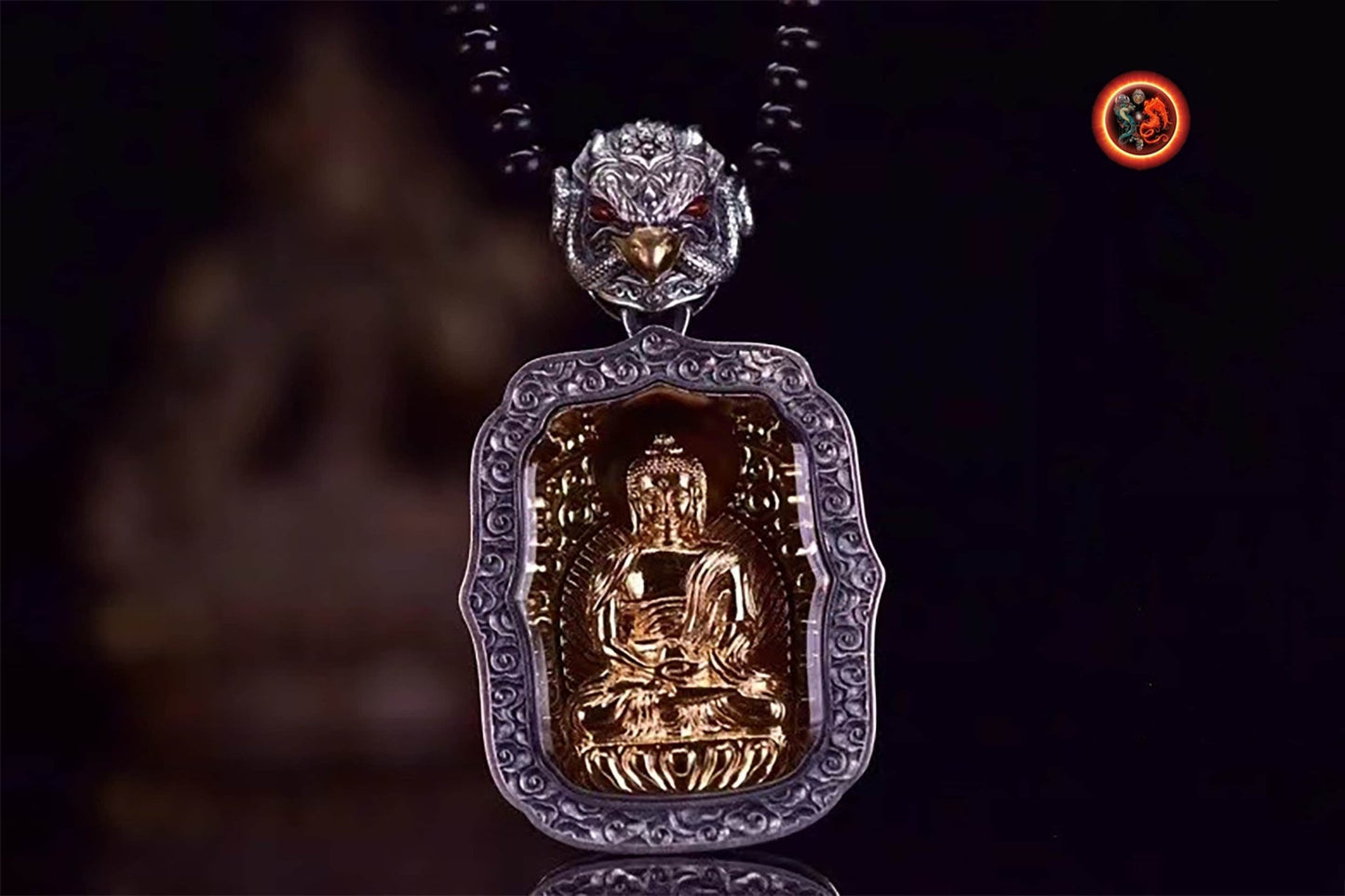 pendentif amulette de protection bouddhiste Bouddha Sakyamuni mala de prière et méditation 108 perles, argent 925 or 18K bélière Garuda - obsidian dragon