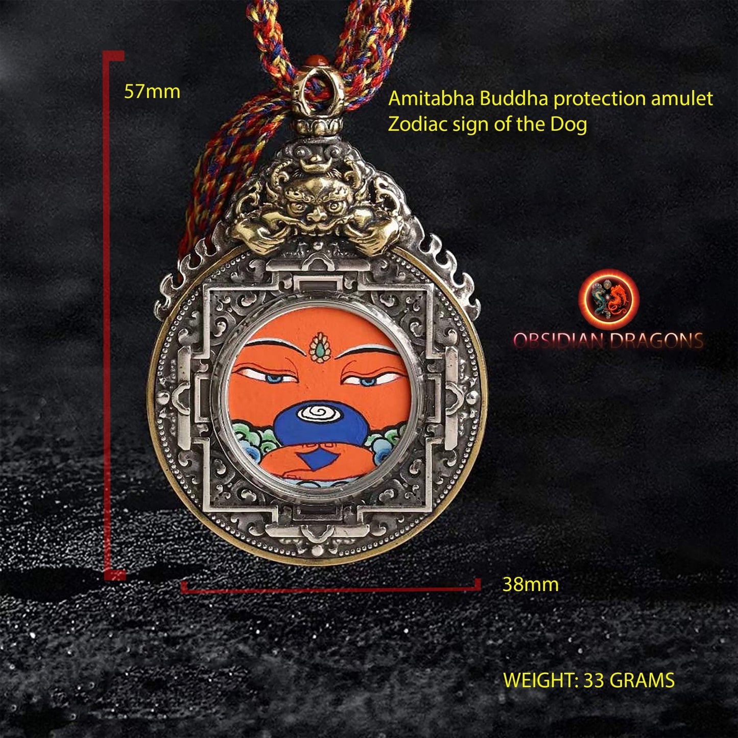 Ghau amulette pendentif bouddhiste tibetain, bouddha protecteur en fonction de son signe zodiacal au choix coq mouton singe buffle ou chien - obsidian dragon