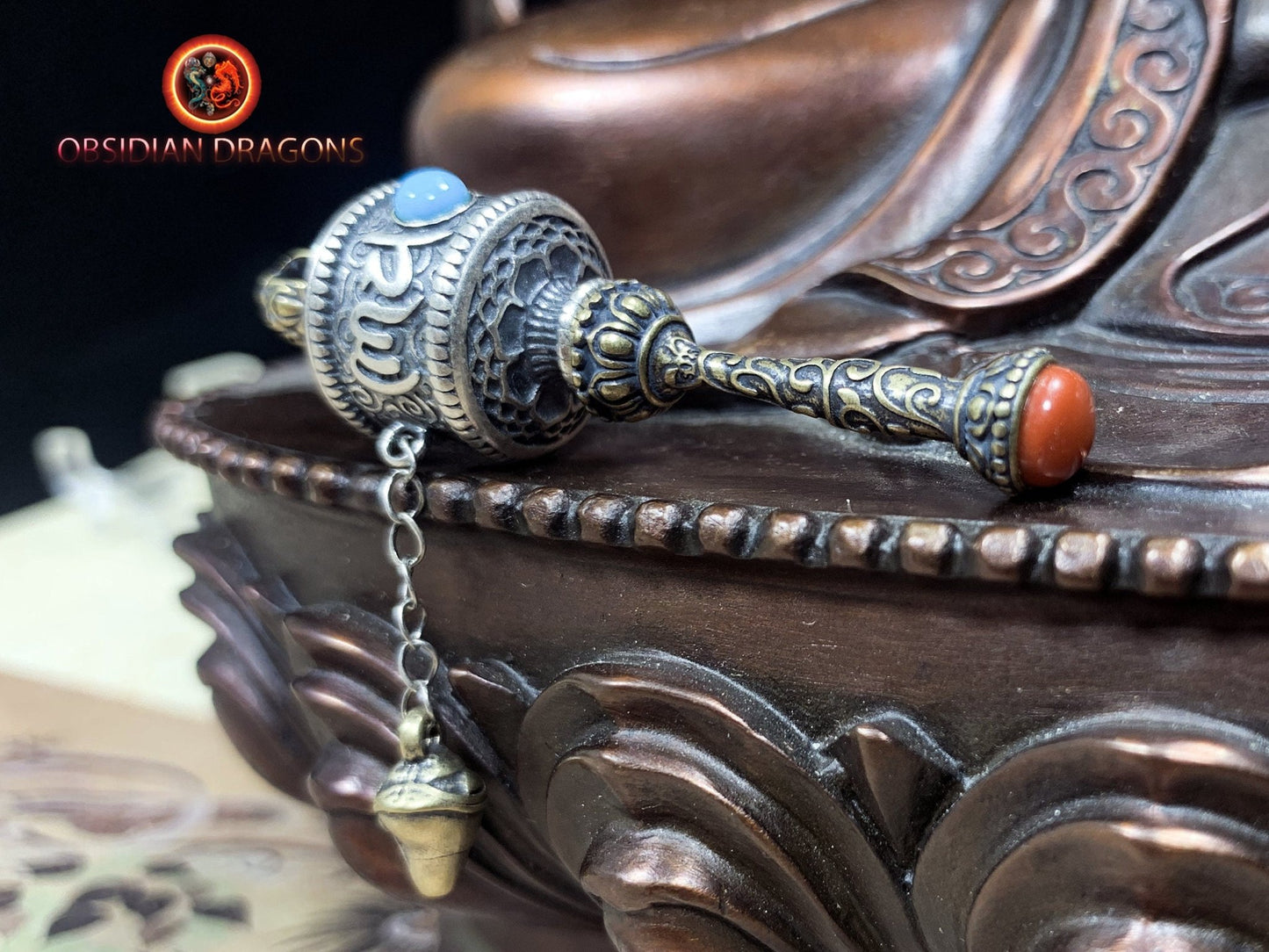 Pendentif tibetain moulin a prière, bouddhisme tibetain vajrayana. Argent 925 poinçonné - obsidian dragon