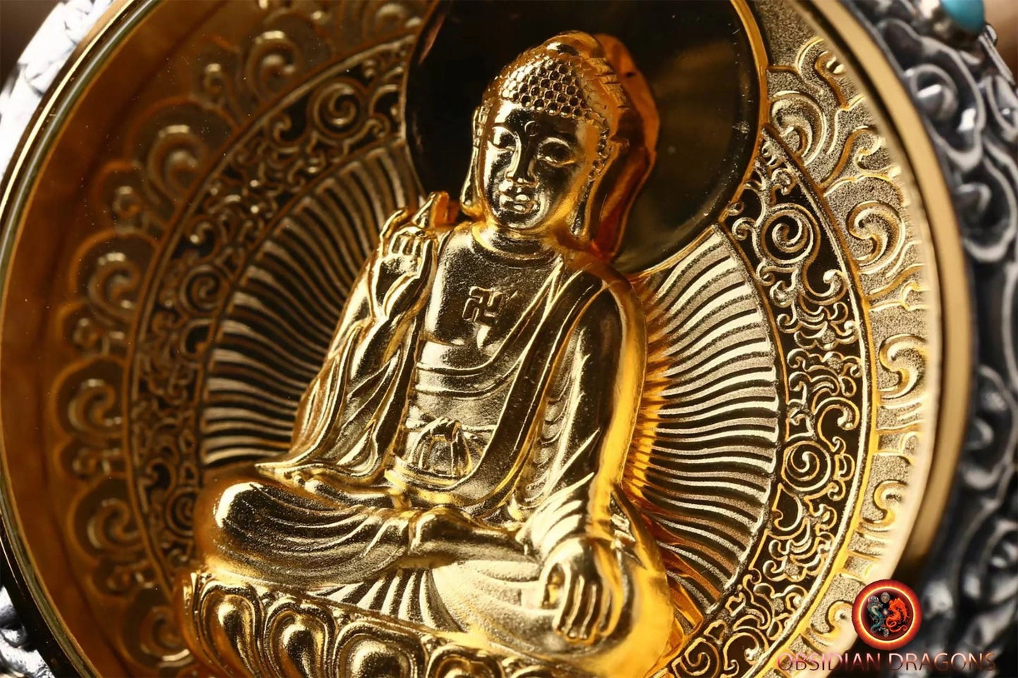 ghau, gau amulette bouddha Vairocana bouddhisme vajrayana tibetain. Argent 925, plaqué or 24K, deux tailles disponibles - obsidian dragon
