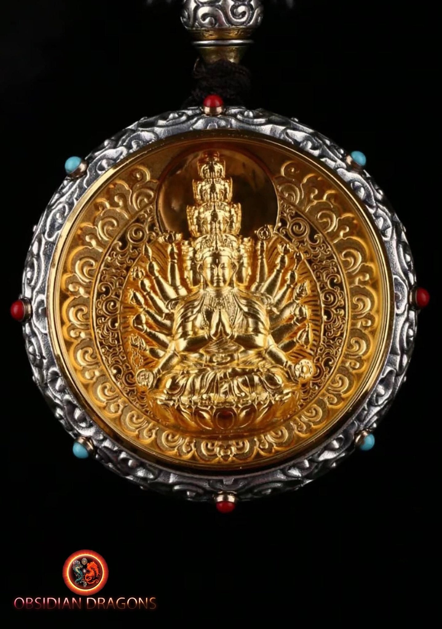 pendentif bouddha, amulette, ghau, gau . Chenrezi, Guan Yin bouddhisme vajrayana tibetain. Argent 925, plaqué or 24k, deux taille - obsidian dragon