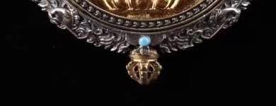 reliquaire de protection bouddhiste bouddha Vairocana en argent massif 925 plaqué or 18k turquoise. roue de la vie - obsidian dragon