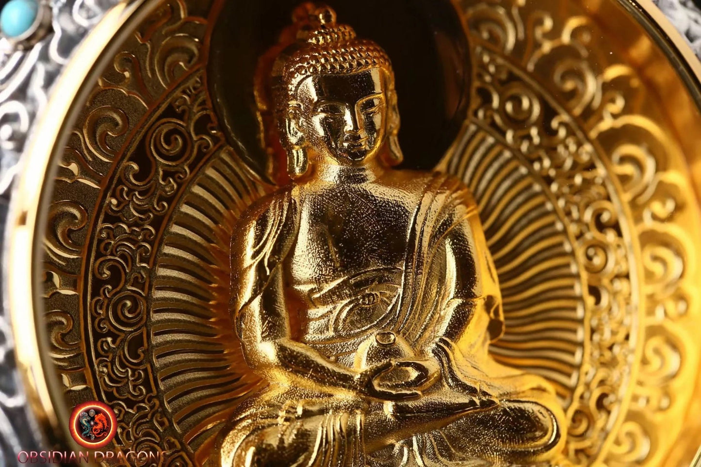 pendentif bouddha, ghau, gau amulette bouddha Amitabha bouddhisme vajrayana tibetain. Argent 925, plaqué or 24k, deux tailles disponibles - obsidian dragon