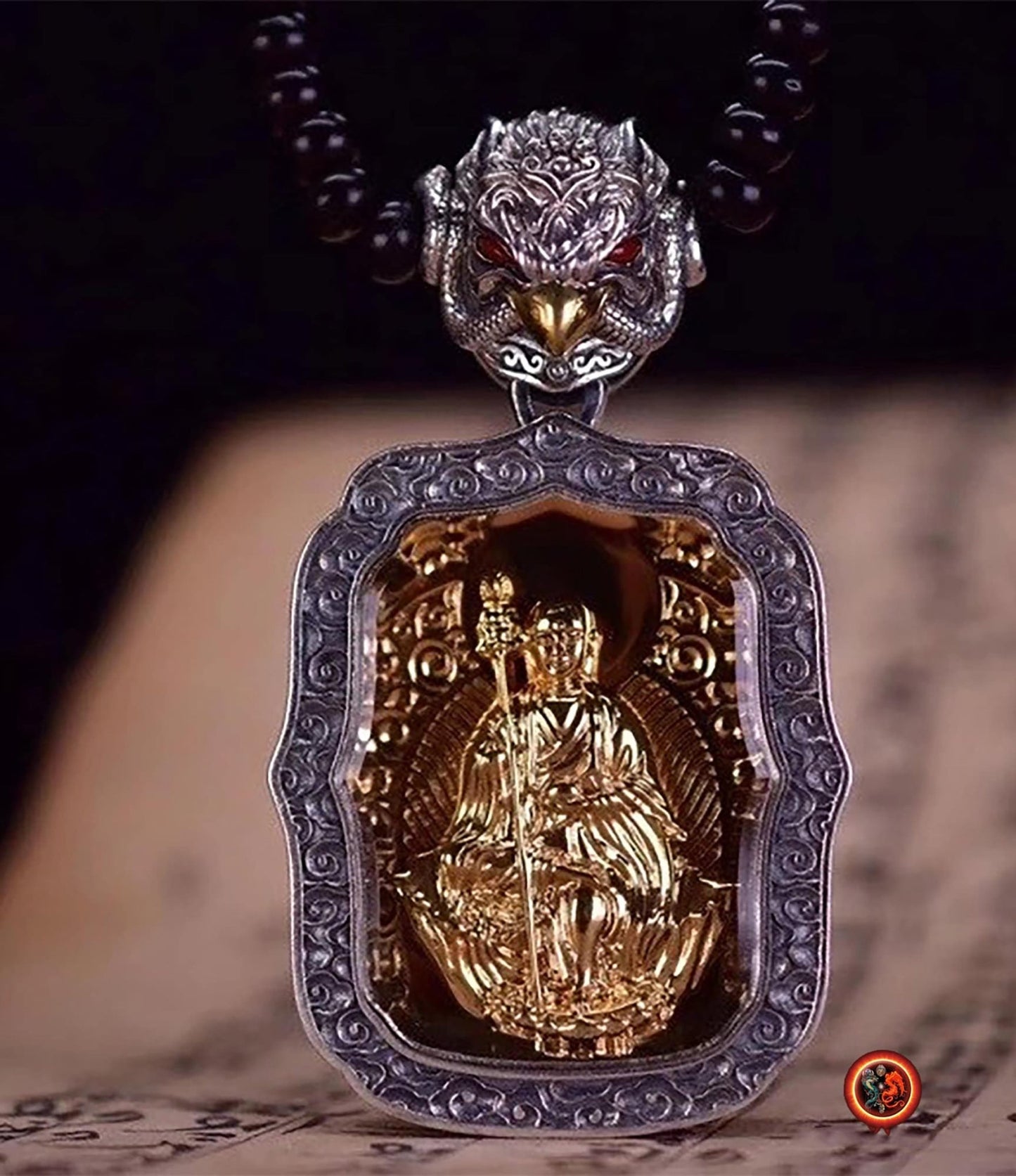 pendentif amulette de protection bouddhiste Bouddha Dizang/ Jizo mala de prière et méditation 108 perles, argent 925 or 18K bélière Garuda - obsidian dragon