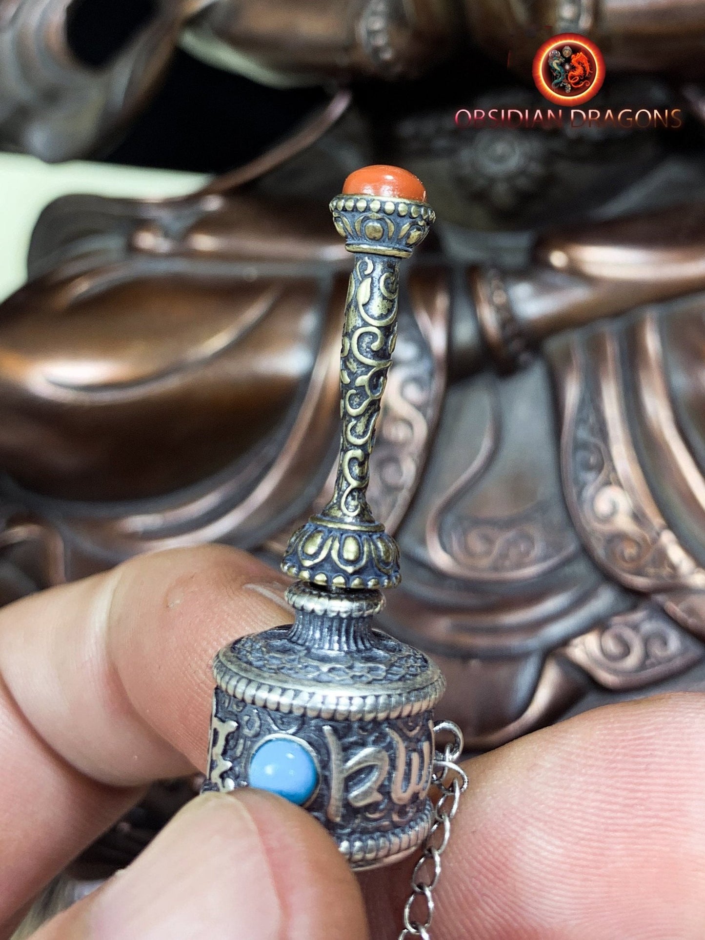 Pendentif tibetain moulin a prière, bouddhisme tibetain vajrayana. Argent 925 poinçonné - obsidian dragon