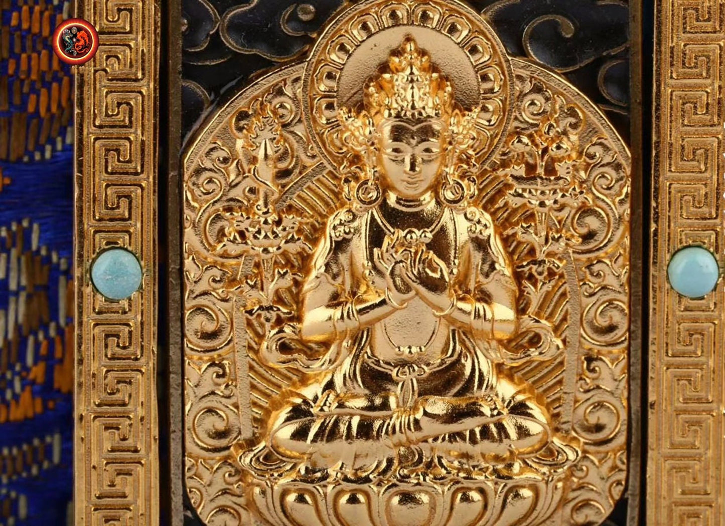 Pendentif Bouddha, Samantabhadra. Amulette de protection bouddhiste Argent 925 plaqué or 18K. Pendentif tournant - obsidian dragon