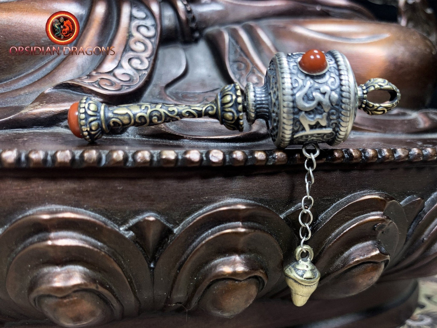 Pendentif tibetain moulin a prière, bouddhisme tibetain vajrayana. Argent 925 poinçonné - obsidian dragon