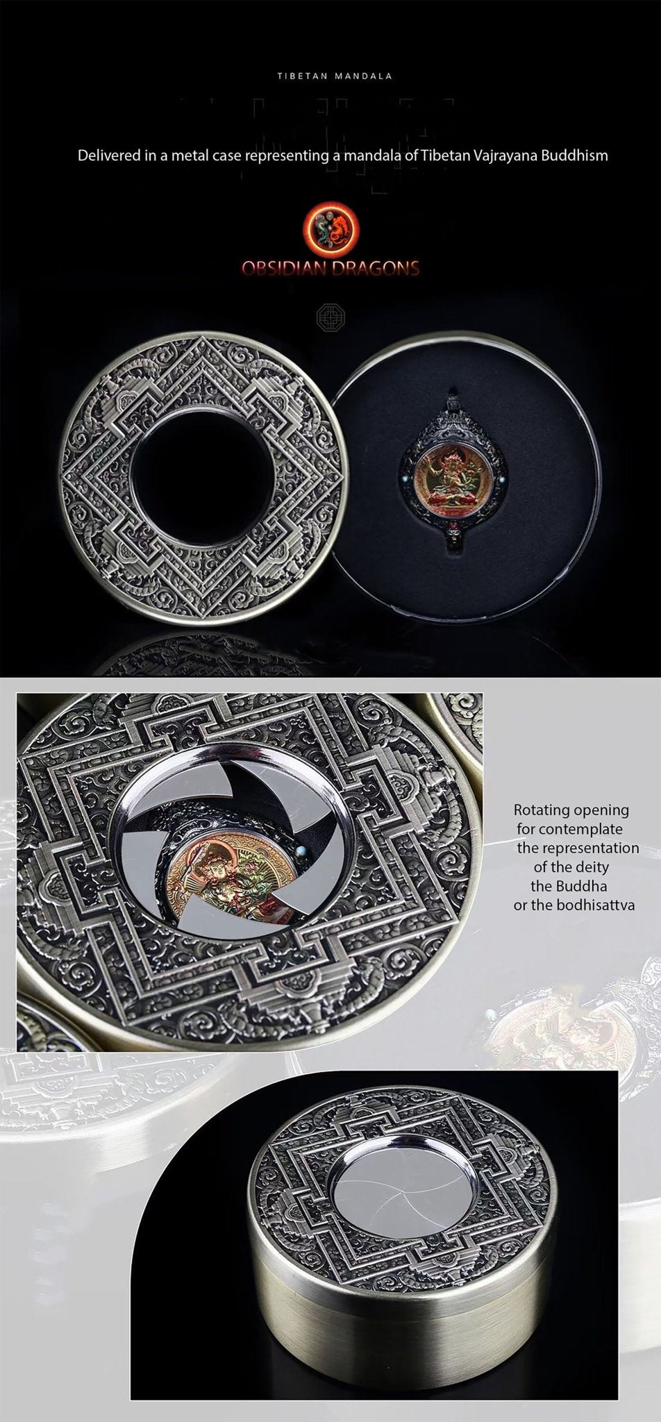 pendentif bouddha. protection de Vairocana. Authentique ghau avec tangka peint sur or. Amulette bouddhiste vajrayana - obsidian dragon