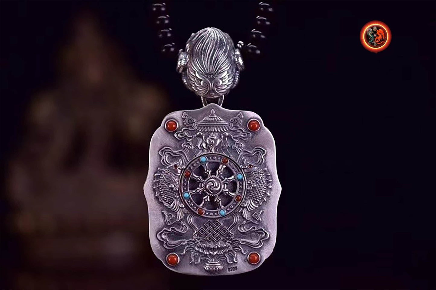 pendentif amulette de protection bouddhiste Mahasthamaprapta mala de prière et méditation 108 perles, argent 925 or 18K bélière Garuda - obsidian dragon