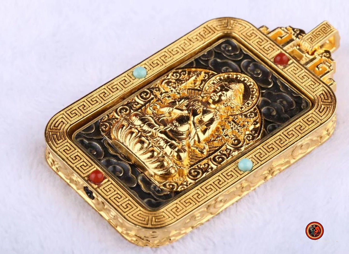 Pendentif Bouddha, Samantabhadra. Amulette de protection bouddhiste Argent 925 plaqué or 18K. Pendentif tournant - obsidian dragon