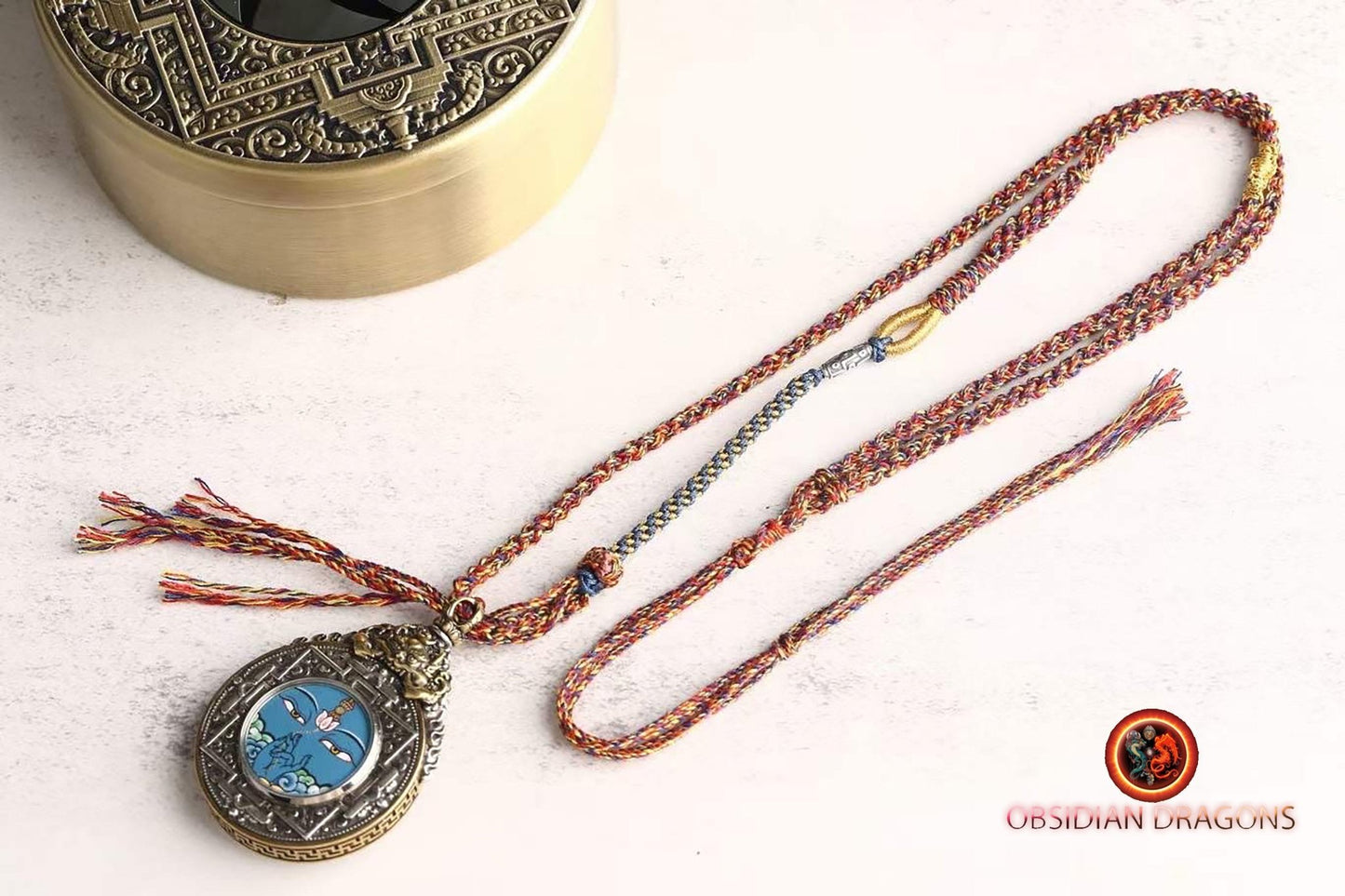 Ghau, amulette pendentif bouddhiste tibetain, bouddha protecteur en fonction de son signe zodiacal, au choix, lievre, rat, buffle ou coq - obsidian dragon