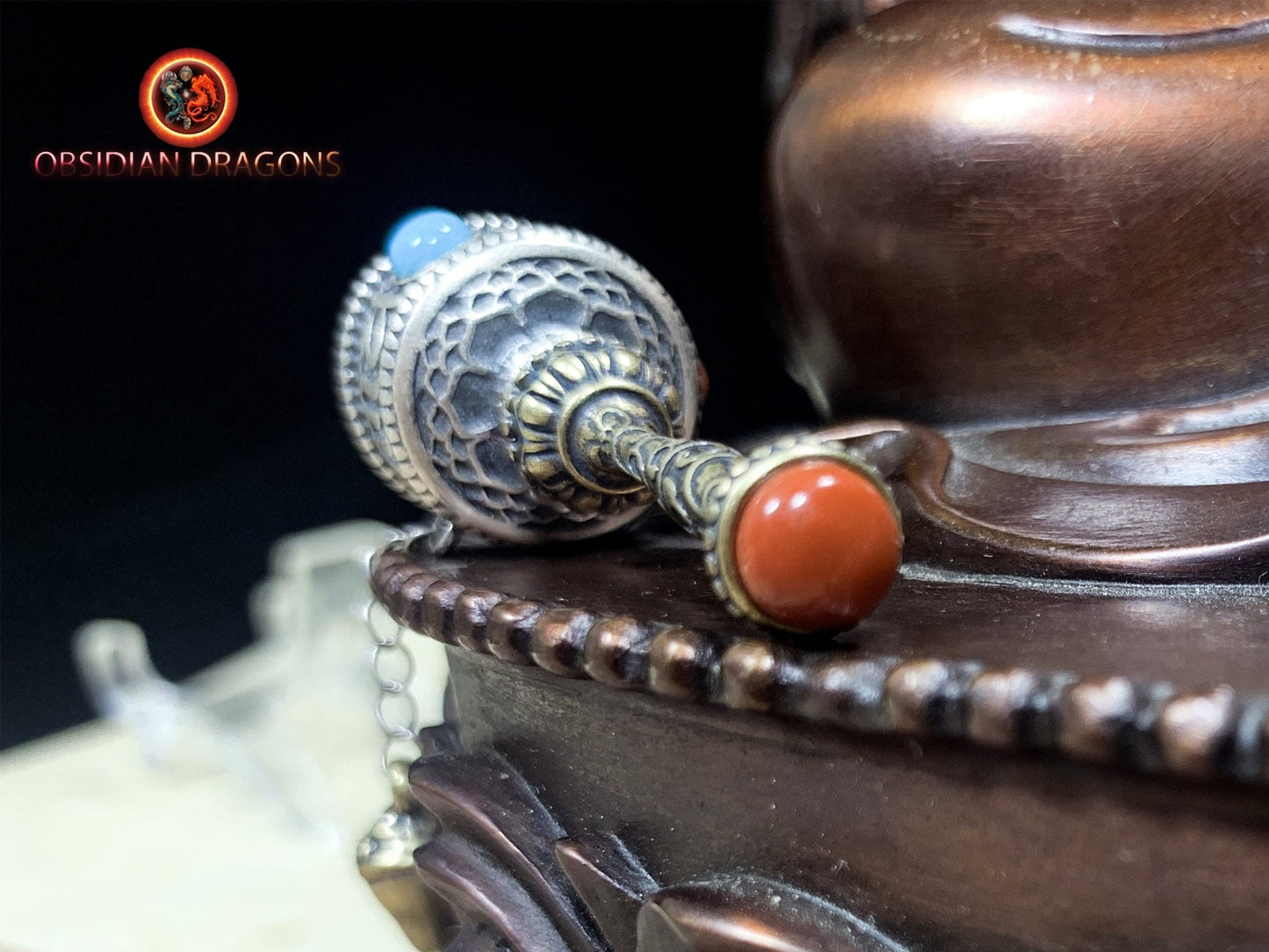 Pendentif tibetain moulin a prière, bouddhisme tibetain vajrayana. Argent 925 poinçonné - obsidian dragon