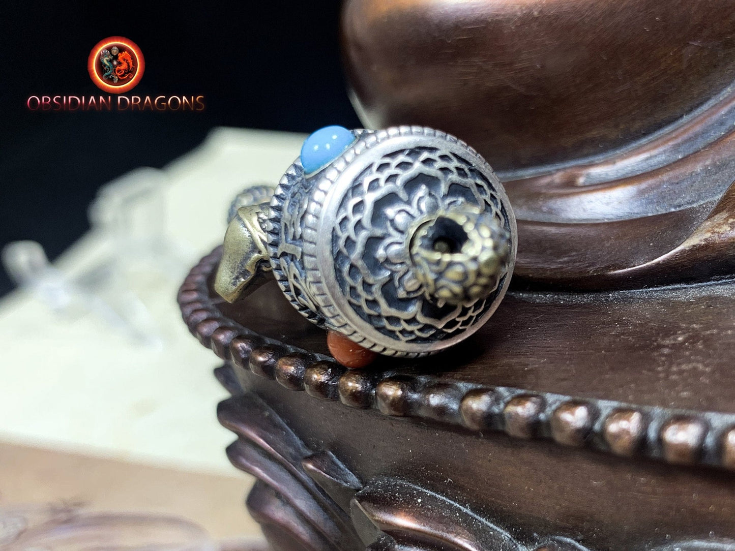 Pendentif tibetain moulin a prière, bouddhisme tibetain vajrayana. Argent 925 poinçonné - obsidian dragon