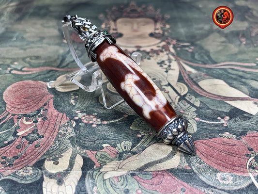 Pendentif DZI tibetain authentique. Protection tibétaine. enchâssé dans son reliquaire en argent 925. Symbole du parasol - obsidian dragon