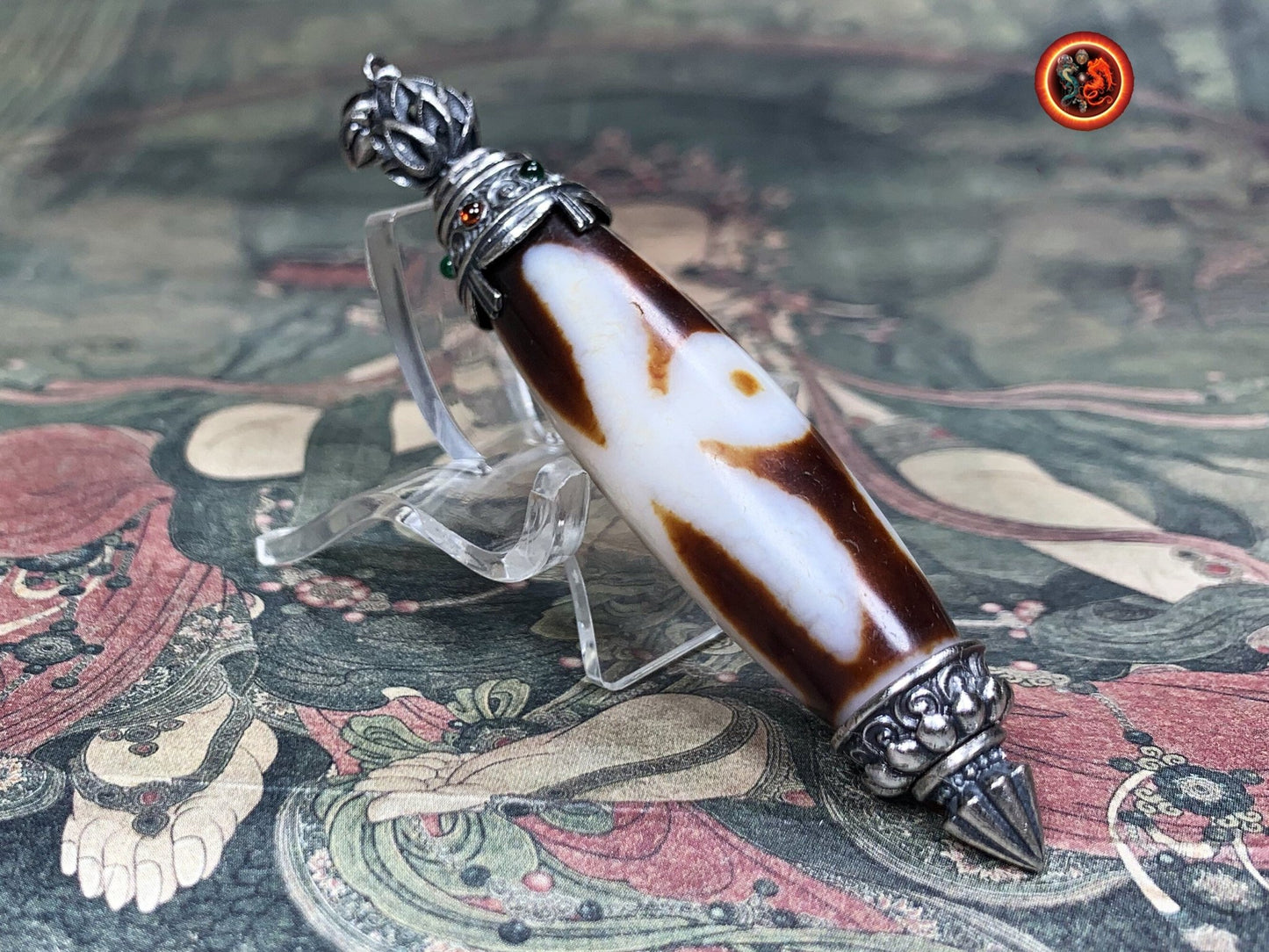 Pendentif DZI tibetain authentique. Protection tibétaine. DZI du grand homme enchâssé dans son reliquaire en argent 925. Fleur de lotus. - obsidian dragon