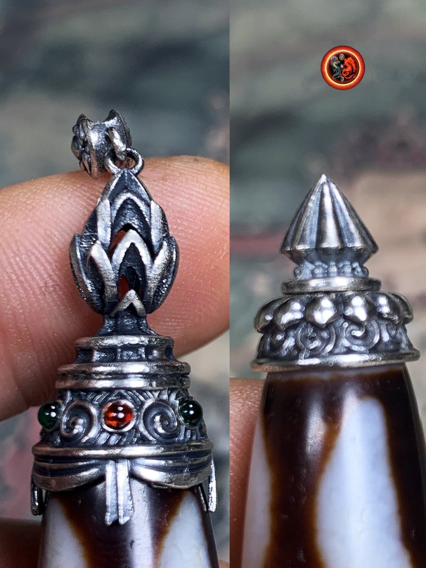 Pendentif DZI tibetain authentique. Protection tibétaine. DZI du grand homme enchâssé dans son reliquaire en argent 925. Fleur de lotus. - obsidian dragon