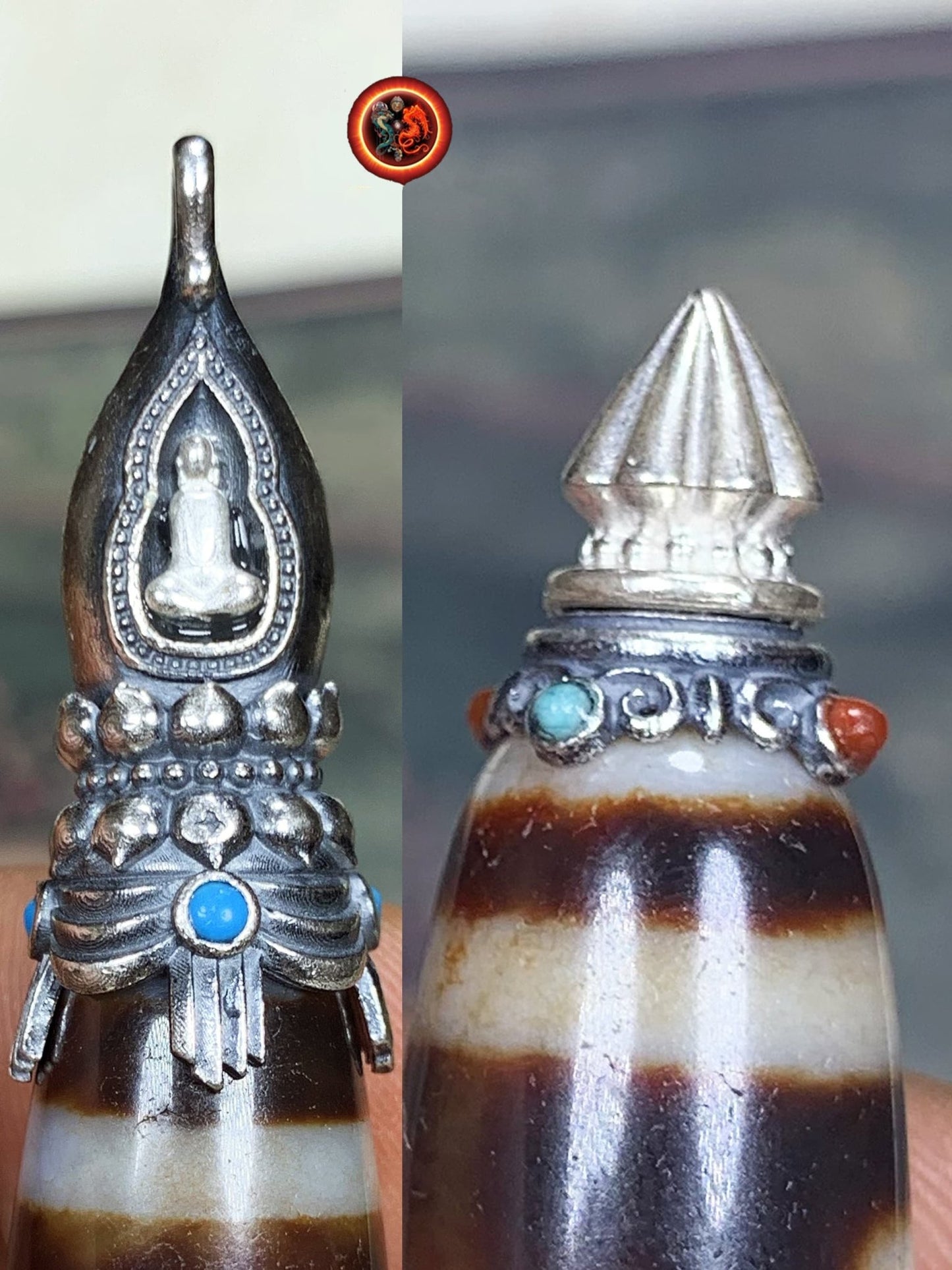 Pendentif DZI tibetain authentique. Protection tibétaine. enchâssé dans son reliquaire en argent 925. Bouddha en méditation. Turquoise agate - obsidian dragon