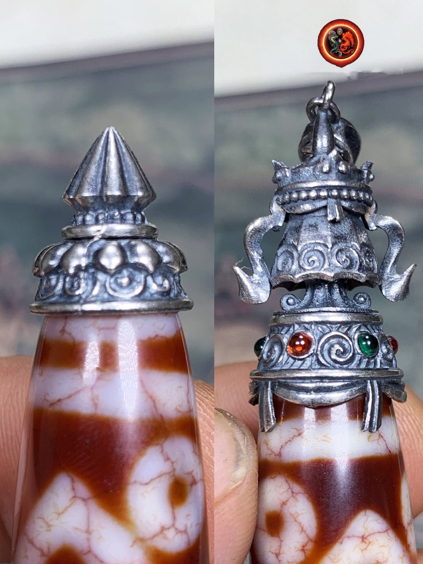 Pendentif DZI tibetain authentique. Protection tibétaine. enchâssé dans son reliquaire en argent 925. Symbole du parasol - obsidian dragon