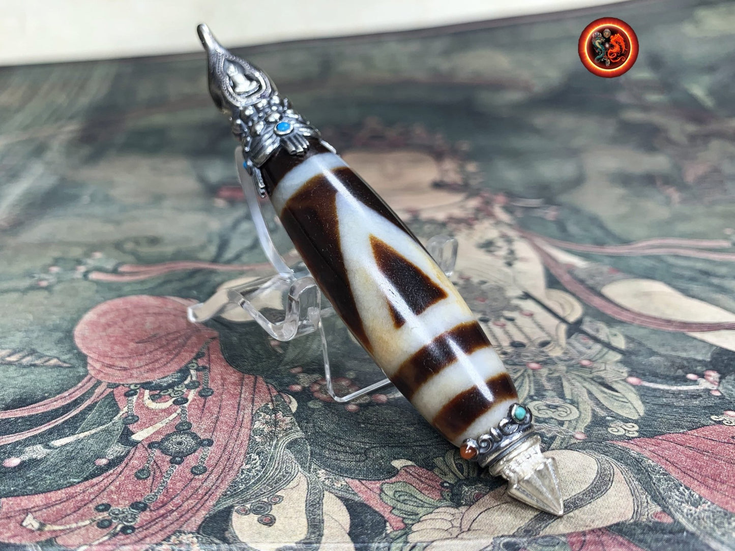 Pendentif DZI tibetain authentique. Protection tibétaine. enchâssé dans son reliquaire en argent 925. Bouddha en méditation. Turquoise agate - obsidian dragon