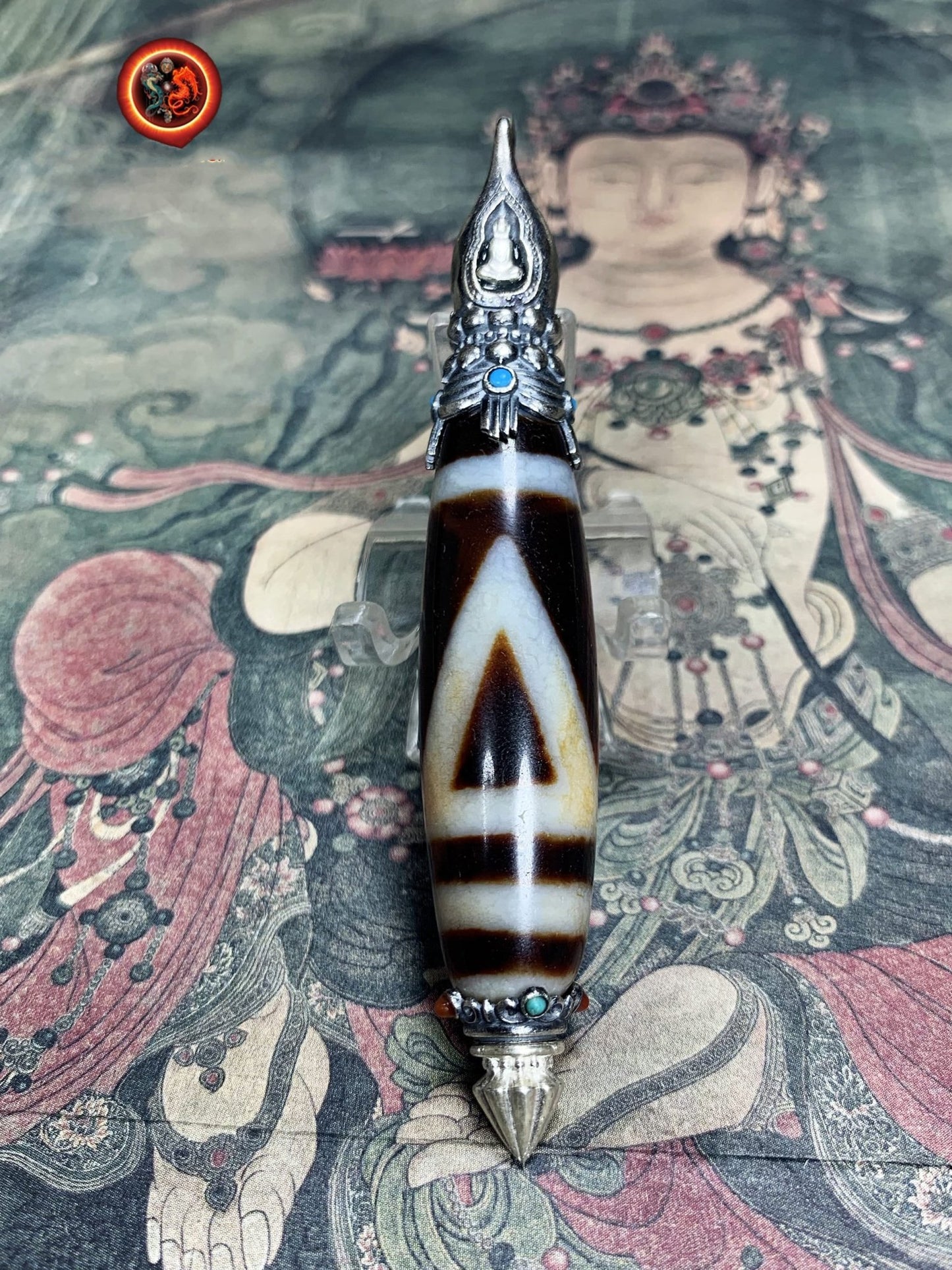 Pendentif DZI tibetain authentique. Protection tibétaine. enchâssé dans son reliquaire en argent 925. Bouddha en méditation. Turquoise agate - obsidian dragon