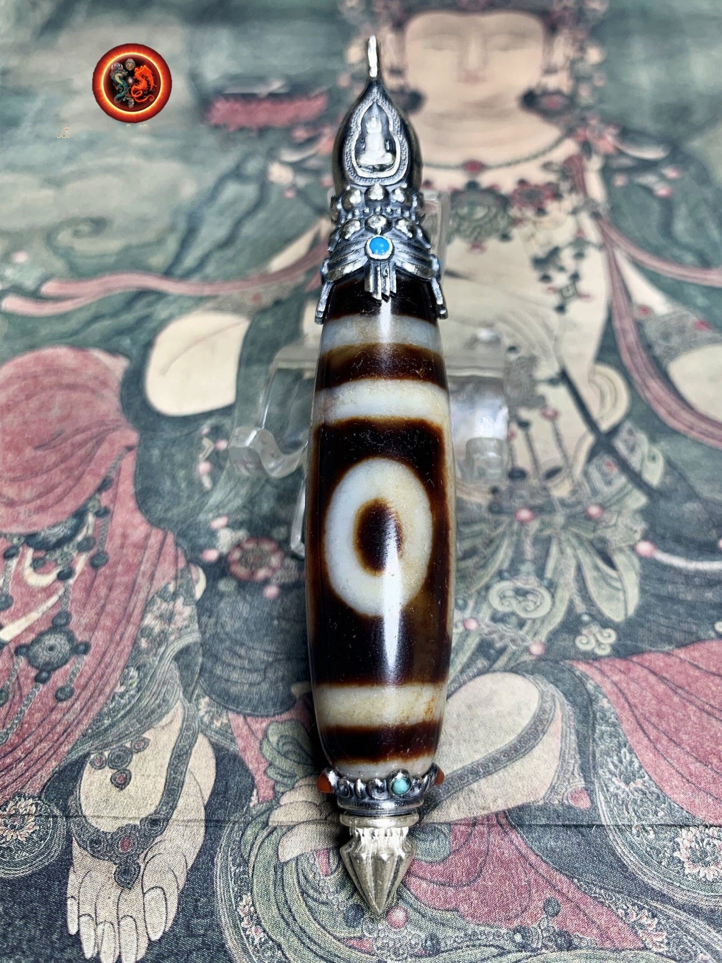 Pendentif DZI tibetain authentique. Protection tibétaine. enchâssé dans son reliquaire en argent 925. Bouddha en méditation. Turquoise agate - obsidian dragon